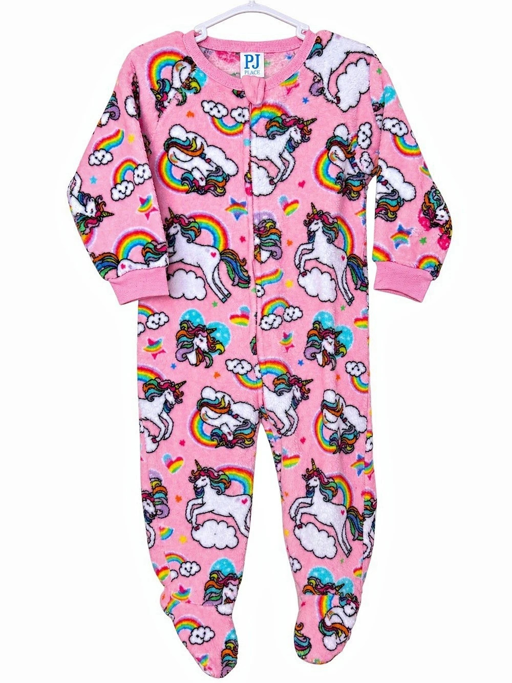 Adorable PJ Place pink unicorn and rainbow fleece footed sleeper, size 12–18m